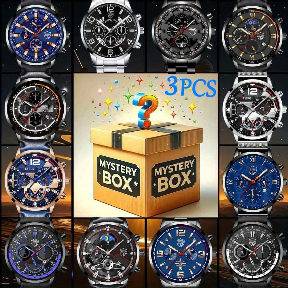Mystery Box Random 3 Pieces Surprise Box Men's Fashion Round Watch Male Quartz Watch  Suitable for Daily Casual Wear Ideal Gift