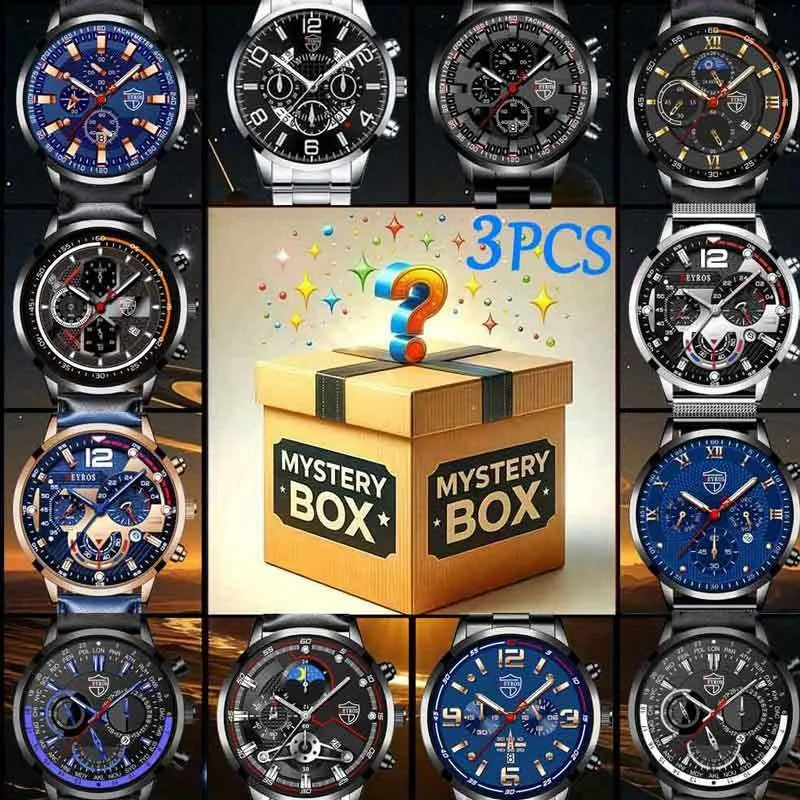 Mystery Box Random 3 Pieces Surprise Box Men's Fashion Round Watch Male Quartz Watch  Suitable for Daily Casual Wear Ideal Gift