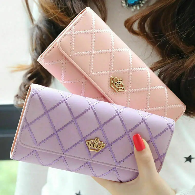 Women PU Leather Black Long Wallet Diamond Pattern Purse Large Capacity Card Holder Crown Buckle Ladies Phone Bag Girls Gifts